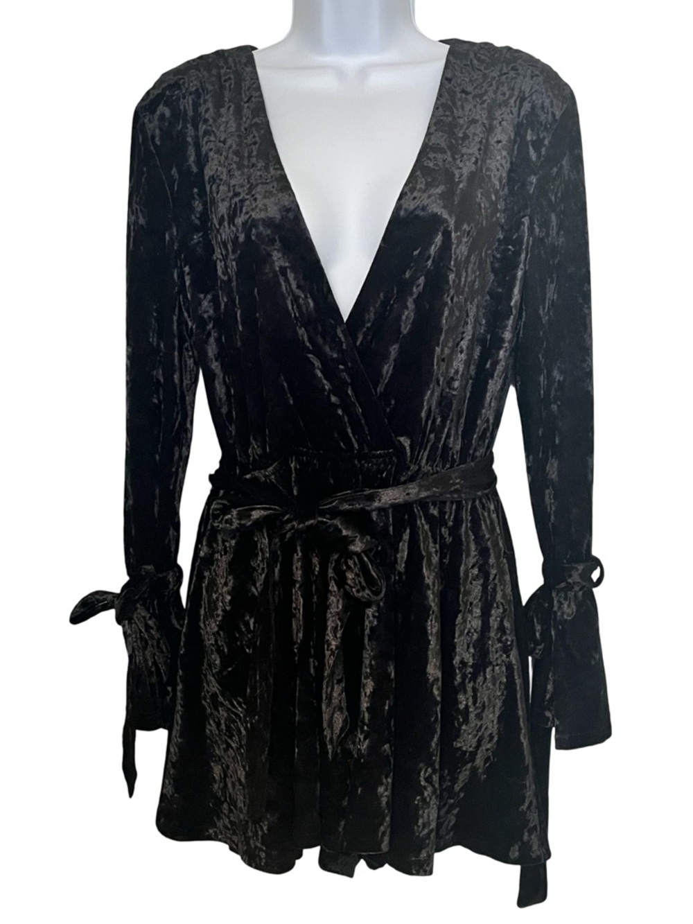 Black Velvet Wrap Romper with Tie Waist